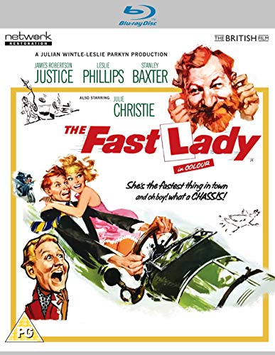 Blu-ray cover for "The Fast Lady" featuring actors and a vintage car.