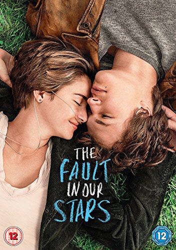 Two young people lying on grass, film title "The Fault In Our Stars".