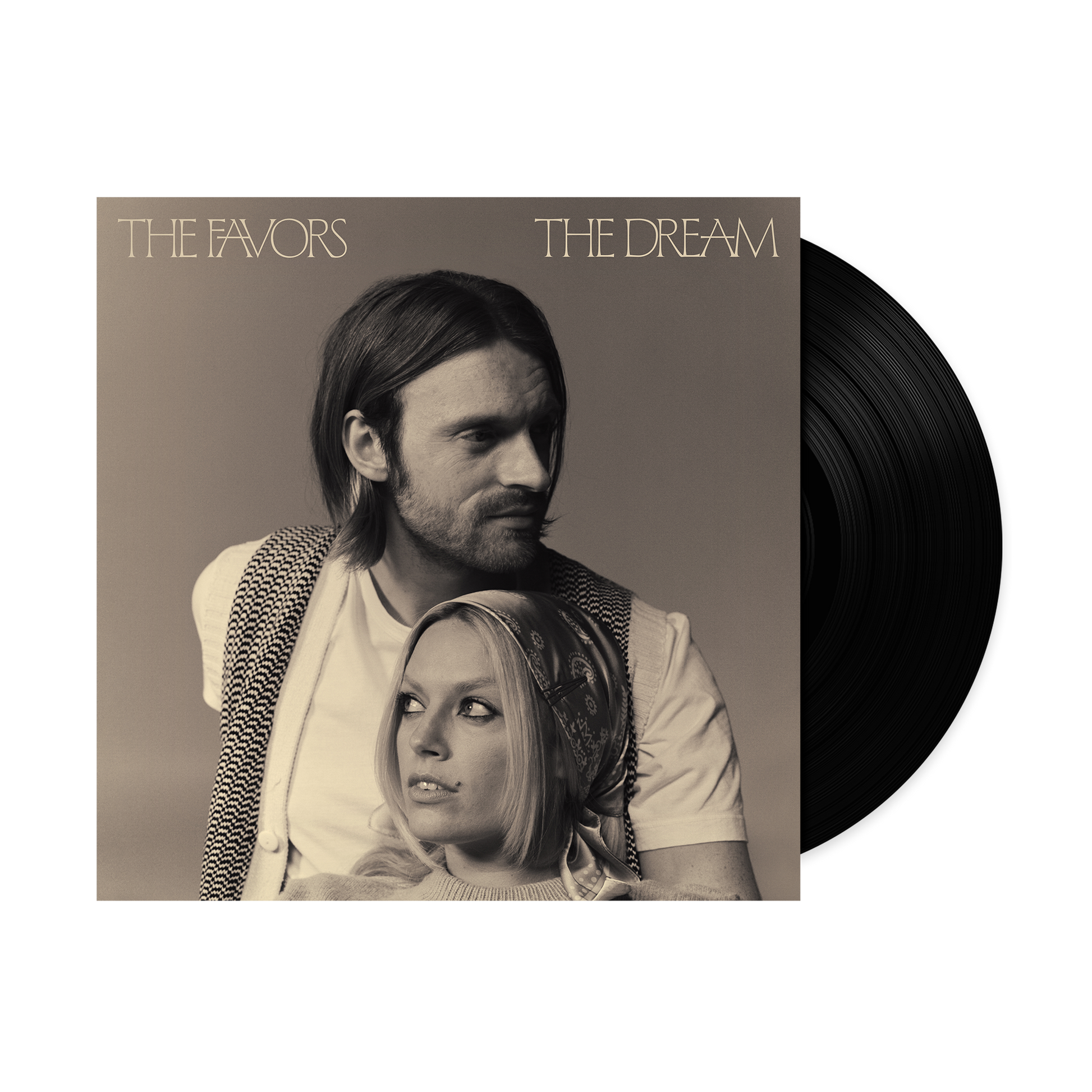 Vinyl record and album cover featuring a man and woman in sepia tone.
