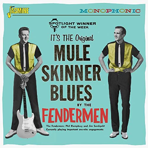 CD cover featuring The Fendermen in yellow vests and black ties on teal background.