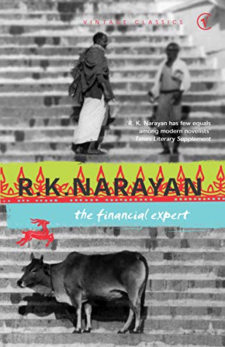 Book cover: "The Financial Expert" by R.K. Narayan, with figures and a cow.