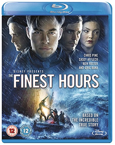 Blu-ray cover for “The Finest Hours” depicting a stormy sea rescue.