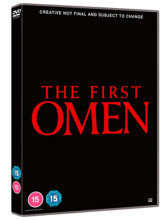 Black DVD cover with red text reading "The First Omen" and age ratings.