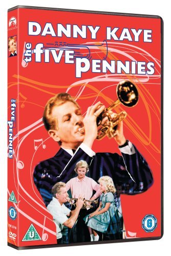 DVD cover for The Five Pennies featuring Danny Kaye playing a trumpet on red background.