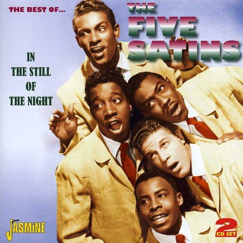"Album cover featuring 'The Five Satins' with five men in yellow suits."
