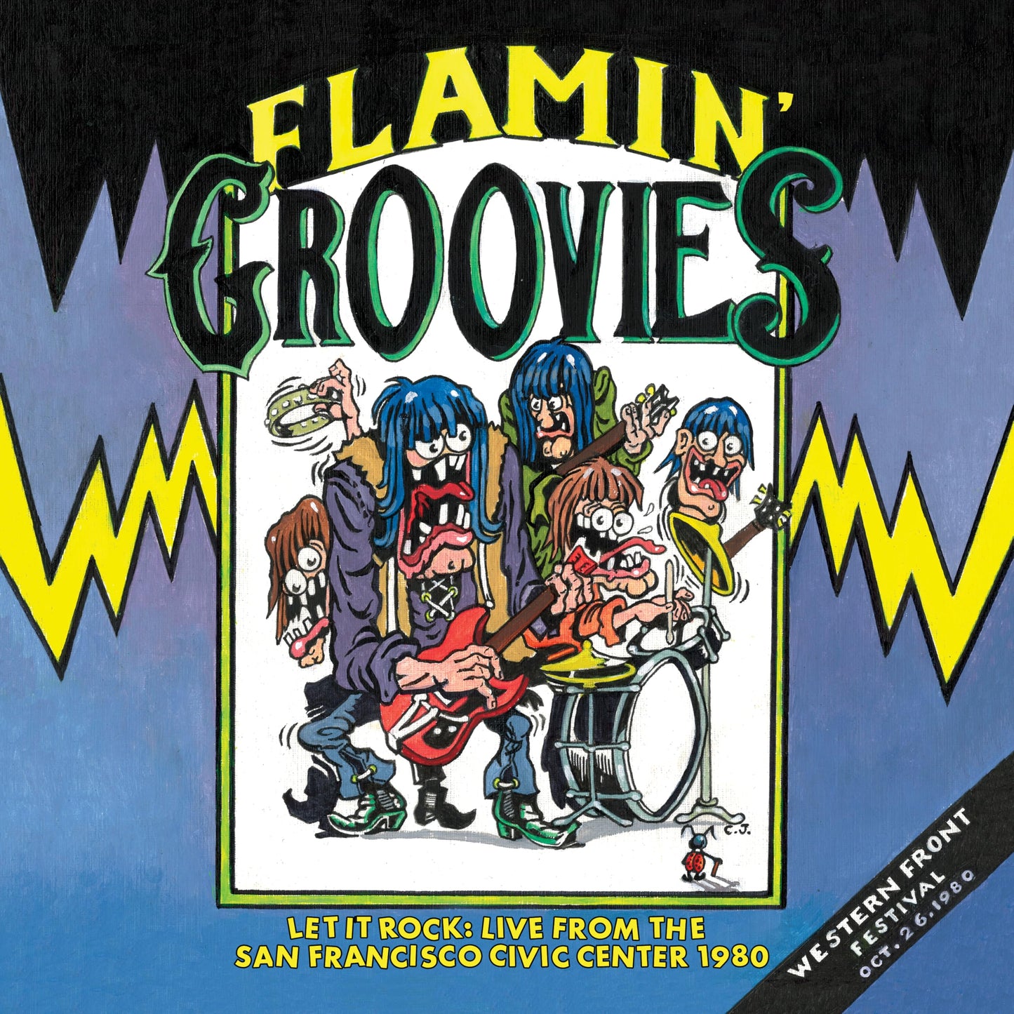 Cartoon of The Flamin’ Groovies band playing instruments, album cover.