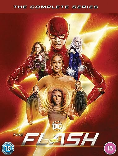 The Flash" DVD cover featuring the superhero and supporting cast amidst lightning.