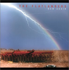 "Album cover with a red farm implement, rainbow, and lightning in a field."