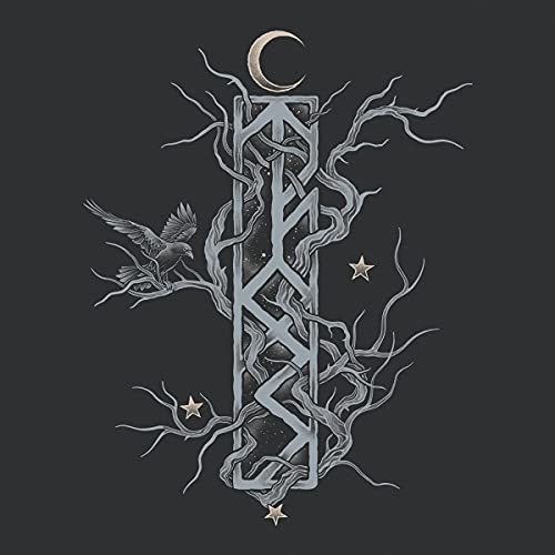 Runic staff with raven, crescent moon, and scattered stars on dark background.