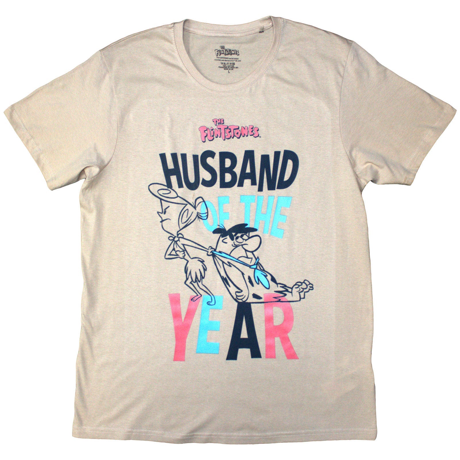 Tan t-shirt with "The Flintstones Husband of the Year" graphic.