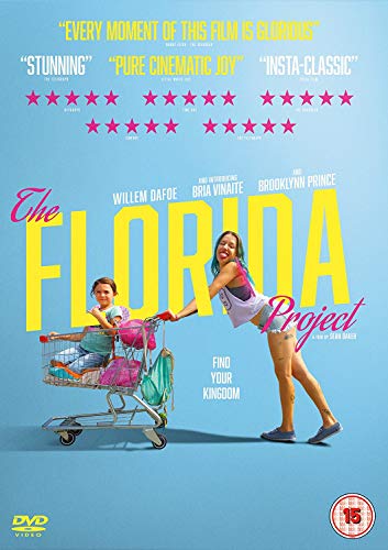 DVD cover for "The Florida Project" featuring a girl pushing a child in a shopping cart.