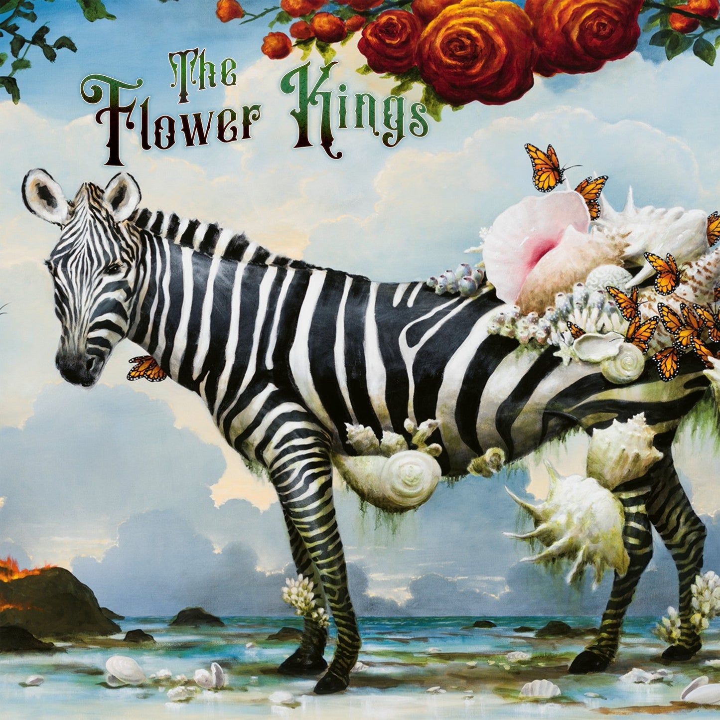 Zebra with flowers and seashells, painted album cover for The Flower Kings.