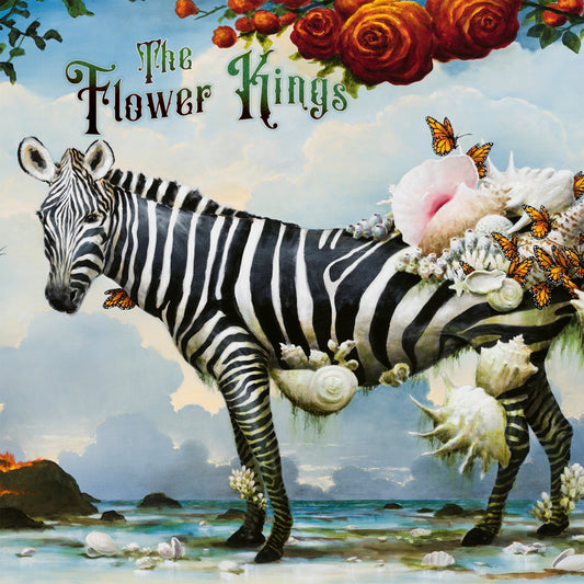 Zebra with flowers and seashells, painted album cover for The Flower Kings.