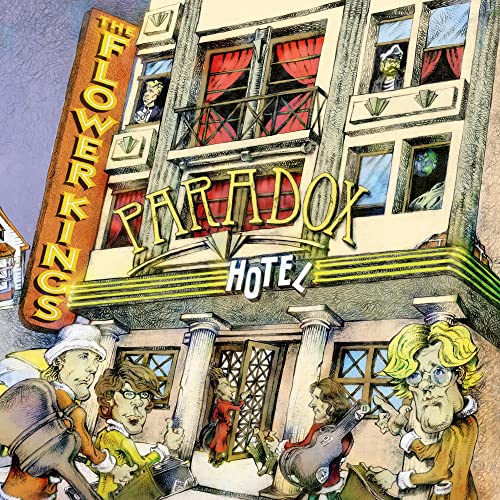 Colorful illustration of a hotel facade with cartoon figures below.