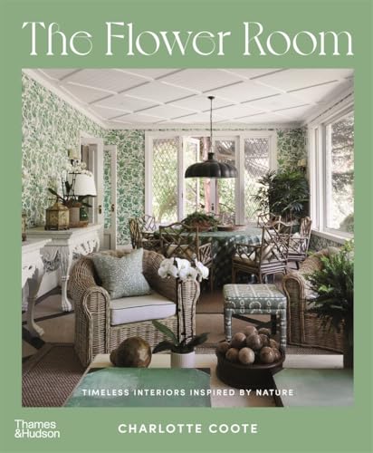 Book cover: sunroom interior with floral wallpaper and wicker furniture.