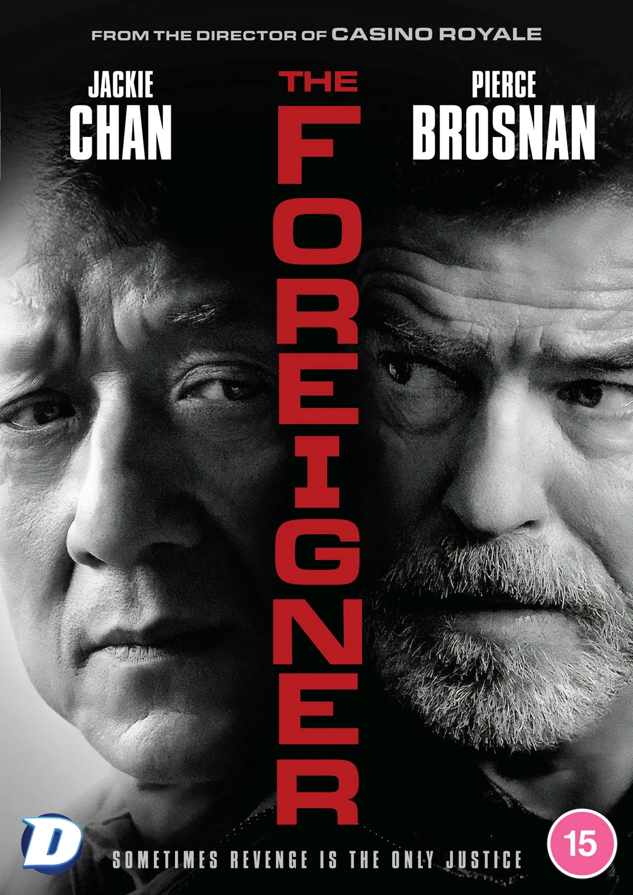 DVD cover for "The Foreigner" featuring Jackie Chan and Pierce Brosnan.