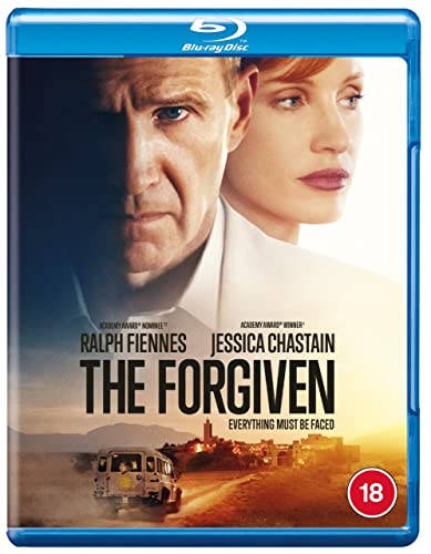 Blu-ray cover for The Forgiven featuring portraits of Ralph Fiennes and Jessica Chastain.