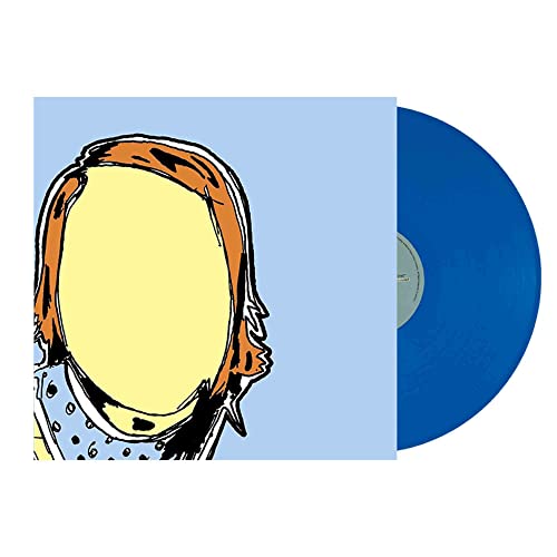Album cover with a faceless illustration next to a solid cyan blue vinyl record.