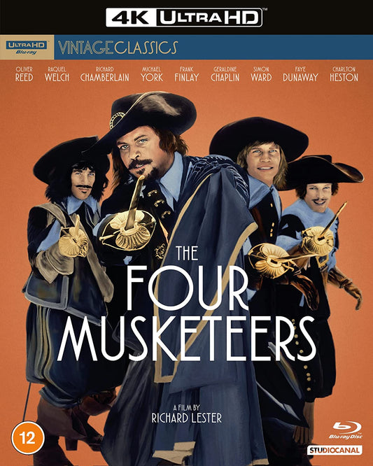 "Blu-ray cover of 'The Four Musketeers' featuring four men in 17th-century attire."
