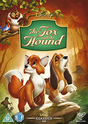 "The Fox and the Hound" DVD case featuring cartoon fox and hound on forest cover.