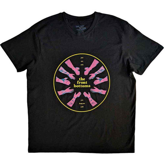 Dark t-shirt with two hands forming a circle design on the front.