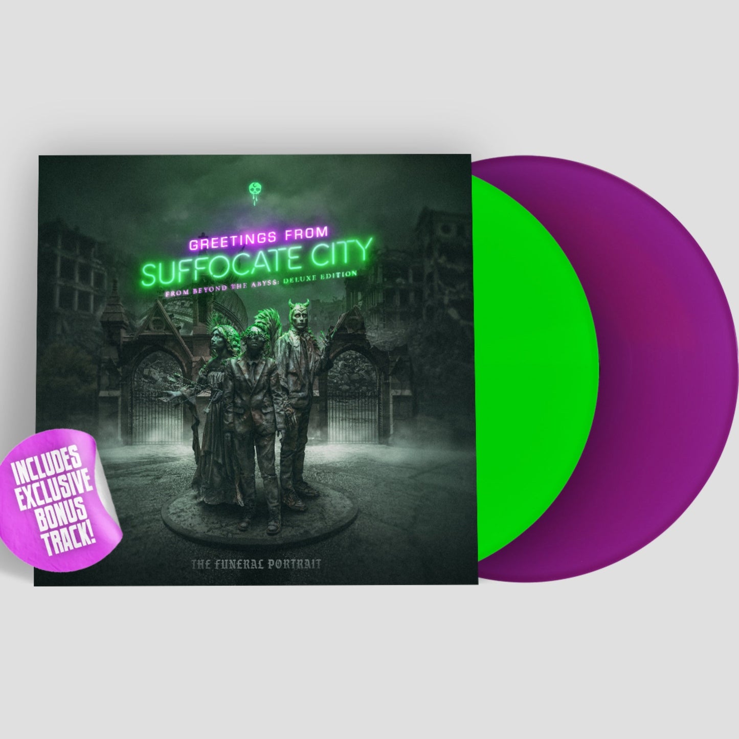 Vinyl record cover features three statues before a gate with green and purple discs.