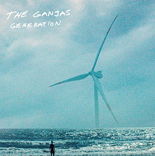 Album cover: wind turbine on beach, blue tones, small figure.