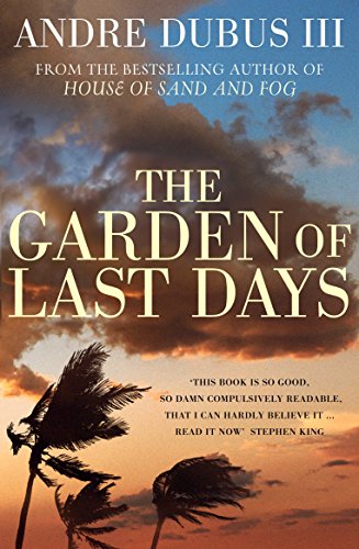 Book cover: stormy sky over palm trees, large title "The Garden of Last Days".