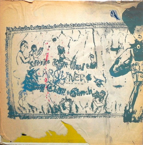 Distressed beige vinyl cover featuring blue ink illustrations of figures and text.
