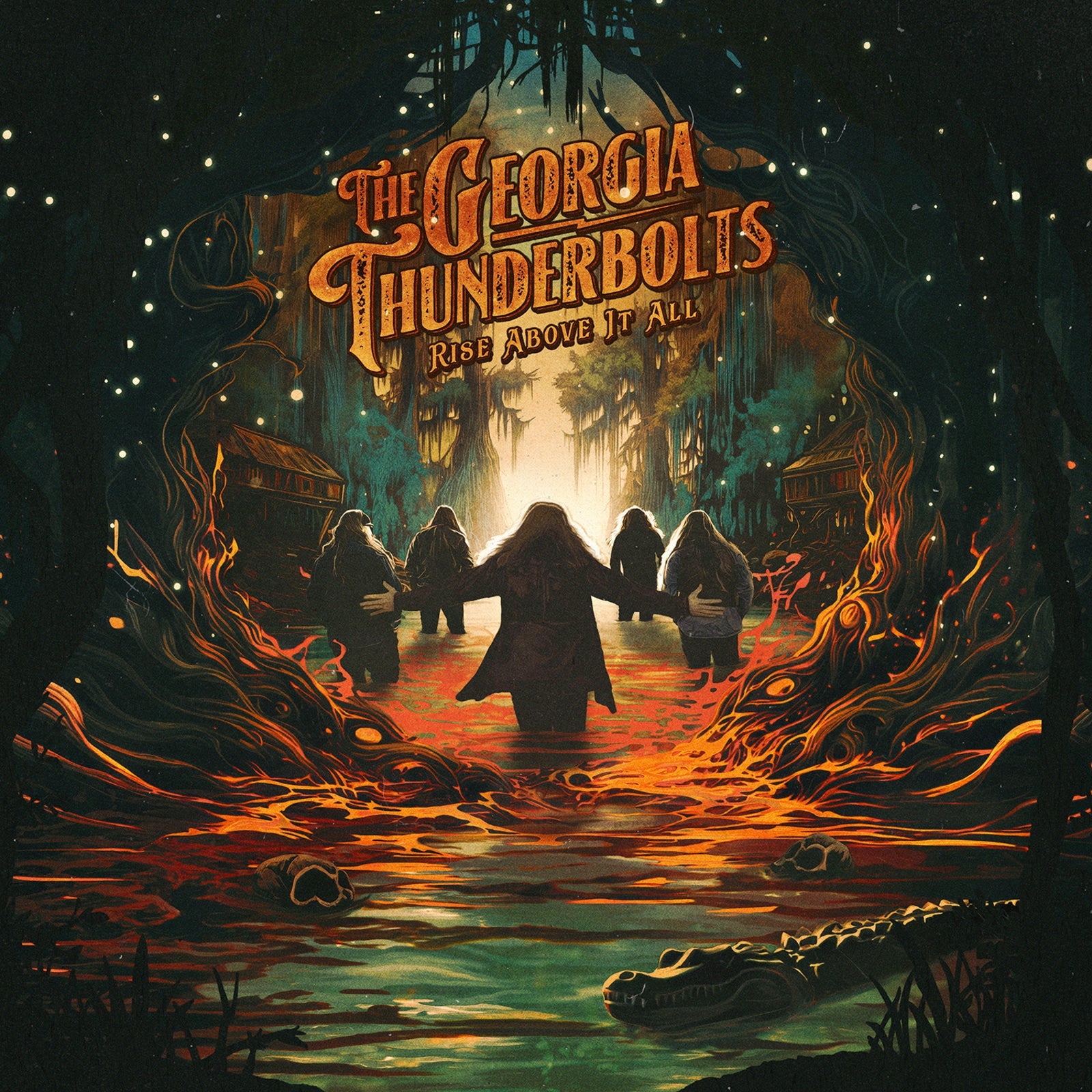 Five figures stand in a swampy river beneath a glowing archway with an alligator.