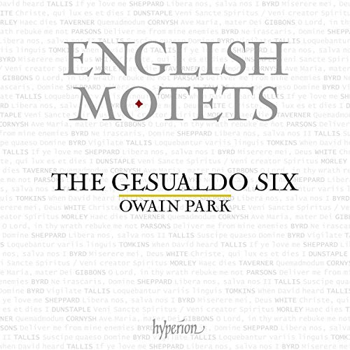 "Album cover with 'English Motets' title, featuring The Gesualdo Six and Owain Park."