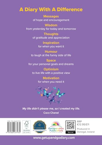 Purple diary back cover with butterflies, text, and logos.