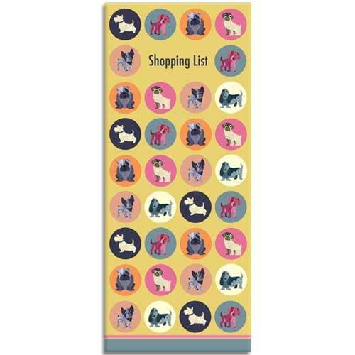 Tall shopping list pad with repeating pattern of colorful dog illustrations.