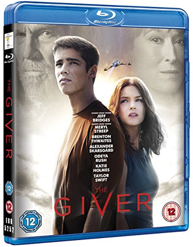Blu-ray cover for "The Giver" featuring two young people and a futuristic scene.