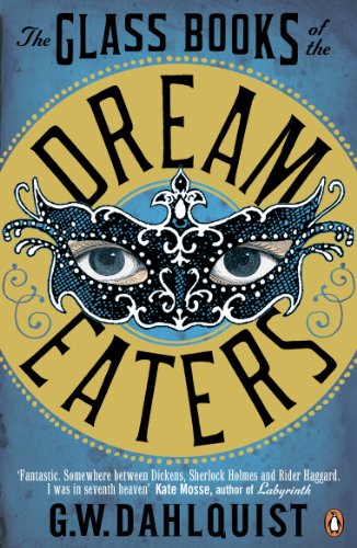 Book cover: ornate mask with eyes, yellow circle, dark blue background.