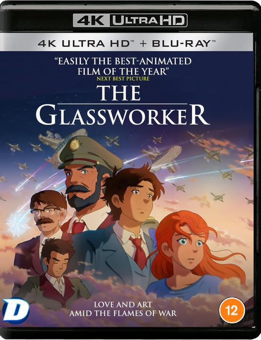“The Glassworker” 4K UHD & Blu-ray cover featuring animated characters and planes.
