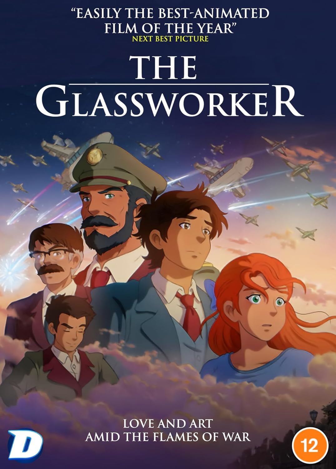 DVD cover for animated film “The Glassworker” featuring characters and planes.