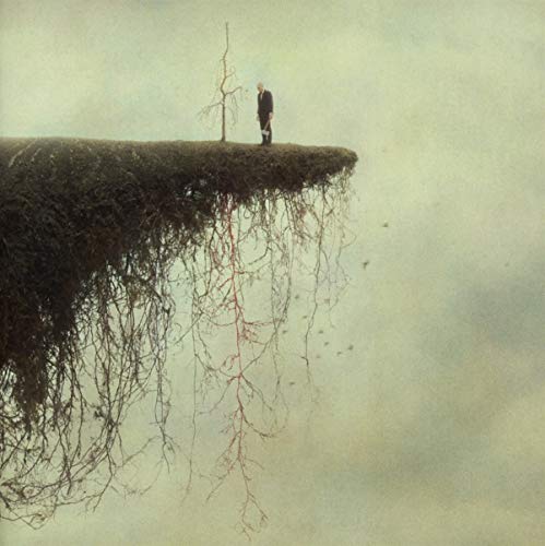Man standing near a bare tree on a cliff edge.