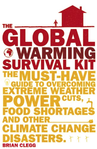 Book cover: "The Global Warming Survival Kit" with red text and a house graphic.