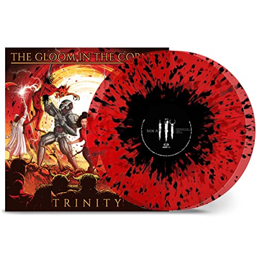 Red and black splatter vinyl record with fantasy art album cover.