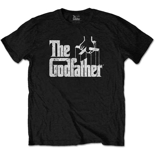 Black t-shirt with white "The Godfather" logo and hand illustration.