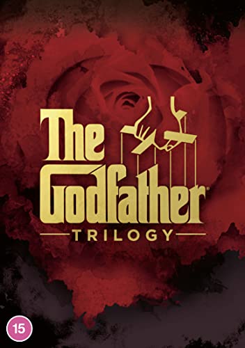 The Godfather Trilogy DVD cover with gold text and marionette logo on red background.