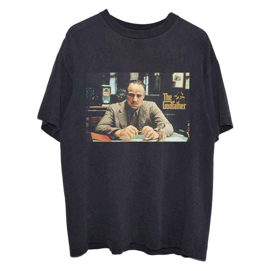 Black t-shirt with a graphic of Marlon Brando as The Godfather.