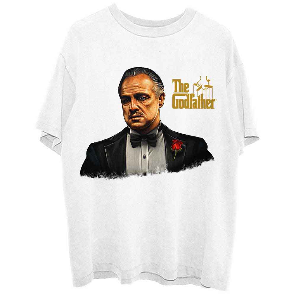 A black unisex t-shirt featuring a white sketch of Don Corleone from The Godfather.