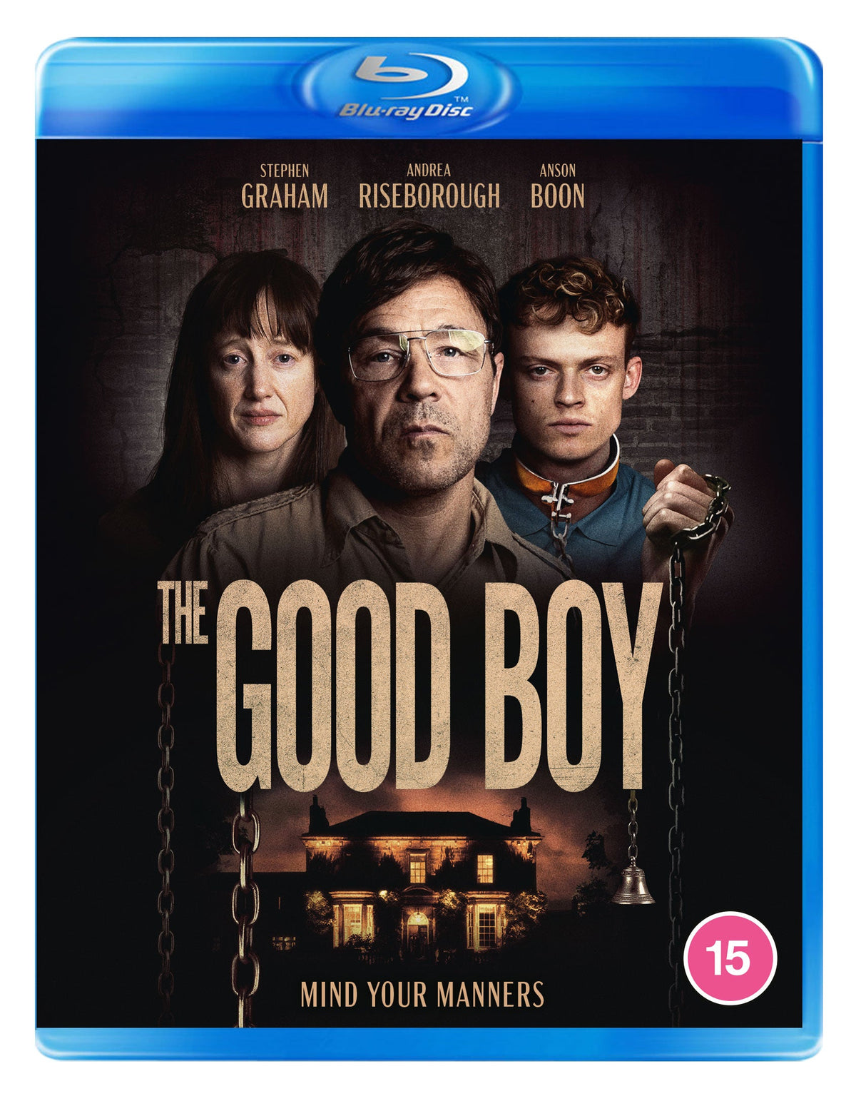 Blu-ray cover for "The Good Boy" featuring three actors and a haunted house.