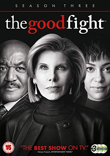 DVD cover for "The Good Fight" Season 3 featuring three actors’ faces.