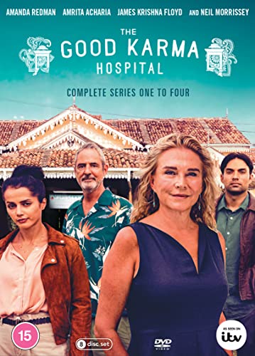 DVD cover for "The Good Karma Hospital" featuring four actors in front of a building.