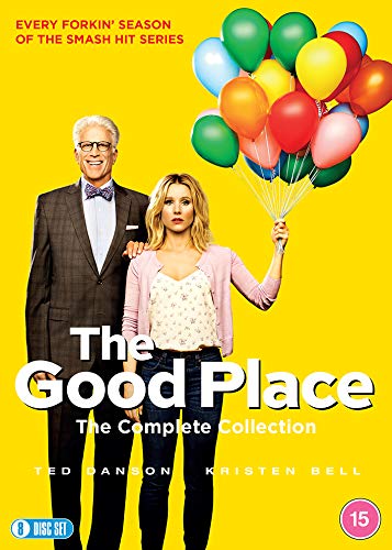 DVD cover for "The Good Place" featuring Ted Danson and Kristen Bell.