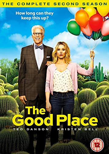 "The Good Place Season 2 DVD cover featuring Ted Danson and Kristen Bell."