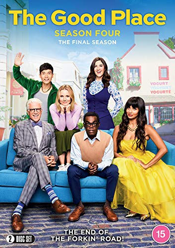 "The Good Place Season 4 DVD cover featuring six main characters on a blue sofa."